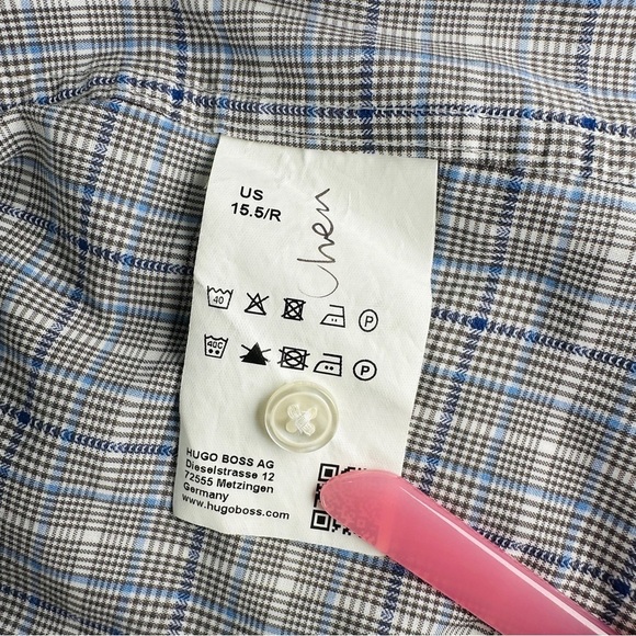 Hugo Boss Shirt Mens 15.5 Blue Plaid Cotton Sharp Fit Button Up Long Sleeves - Picture 5 of 11